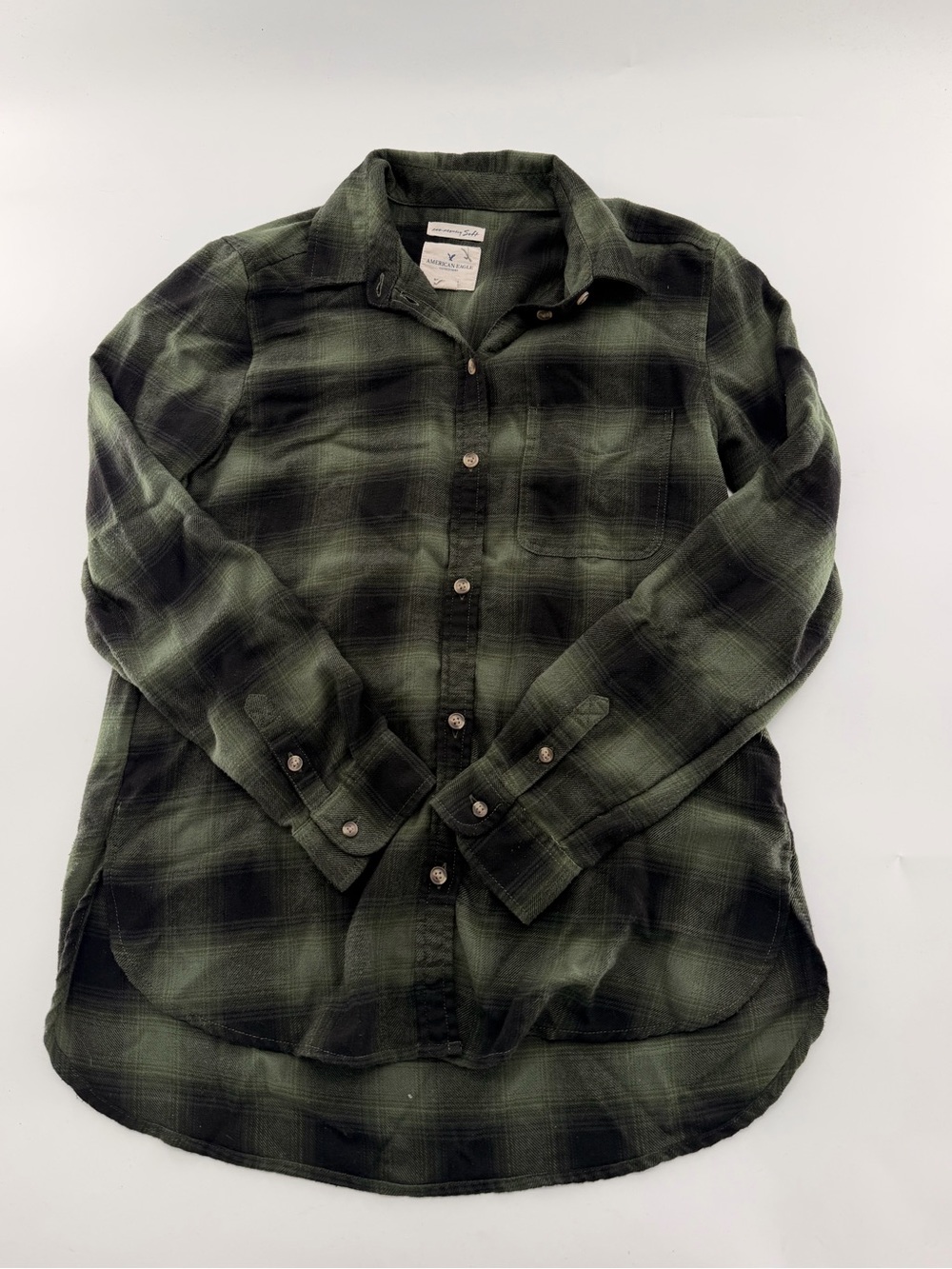 American Eagle AHH-amazingly Soft Green Black Plaid Button Shirt Boyfriend Fit